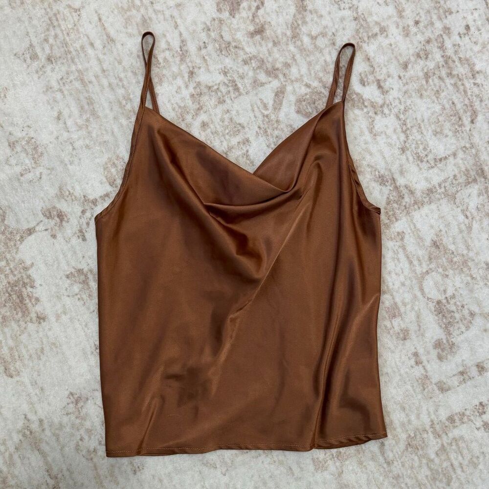 Simplee Brown Satin Cowl Cami Going Out Top Women's S